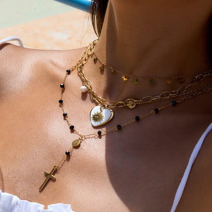 Black Bead Cut Round Cross Pendant Necklace 18K Gold Stainless Steel