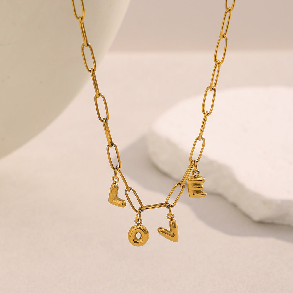 Paperclip Love Letters Necklace 18K Gold Plated Steel