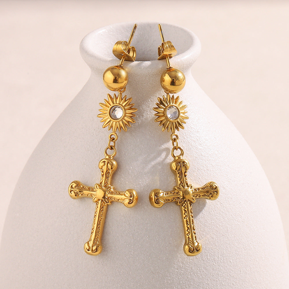 Vintage Versatile Stainless Steel 18k Gold Plated Cross Pendant Earrings