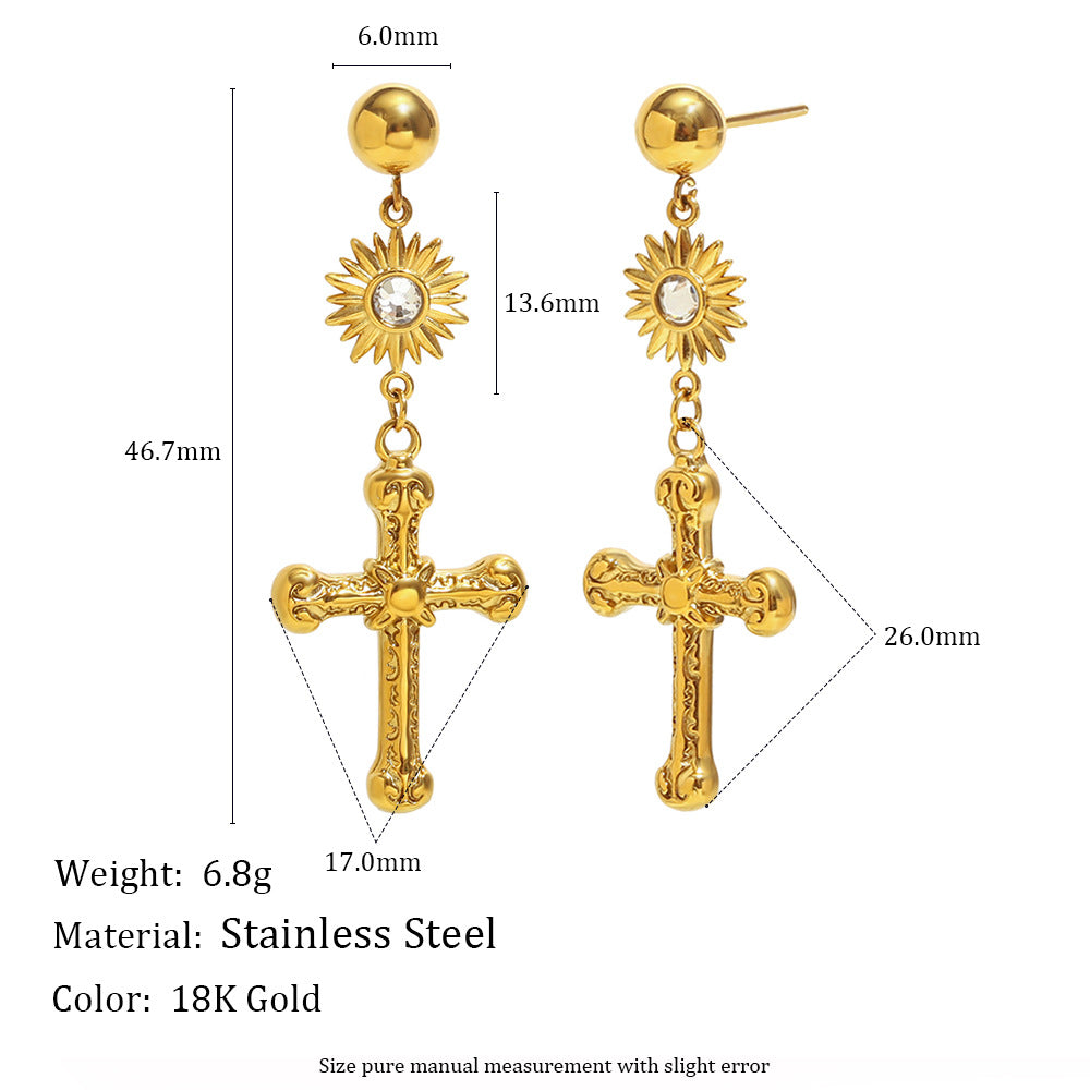 Vintage Versatile Stainless Steel 18k Gold Plated Cross Pendant Earrings