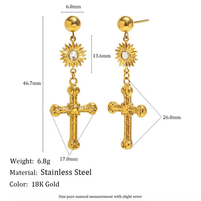 Vintage Versatile Stainless Steel 18k Gold Plated Cross Pendant Earrings