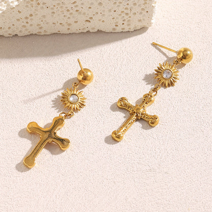 Vintage Versatile Stainless Steel 18k Gold Plated Cross Pendant Earrings