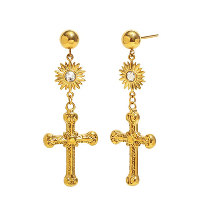 Vintage Versatile Stainless Steel 18k Gold Plated Cross Pendant Earrings