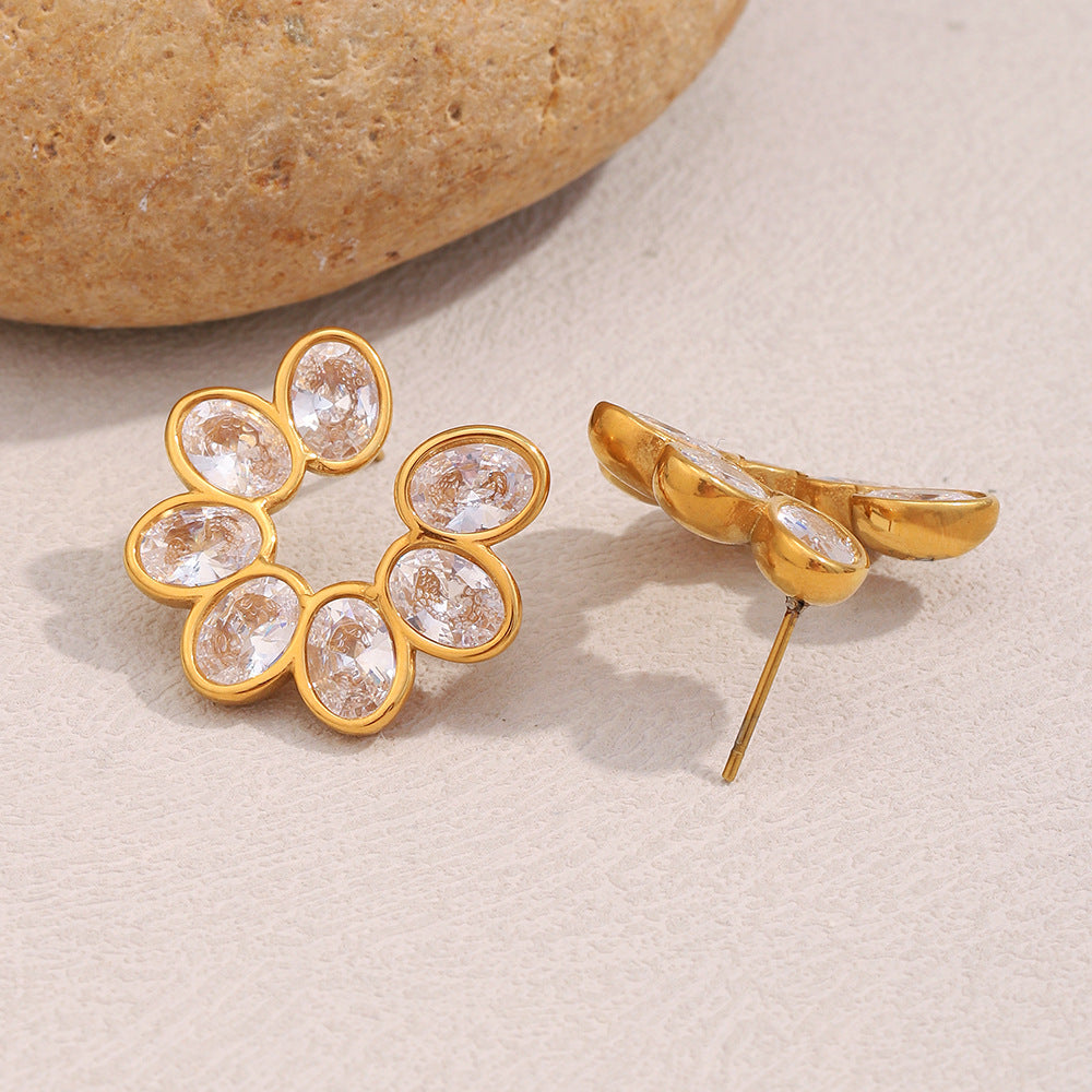 Flower Zircon Small Stud Earrings 18k Gold Plated Steel