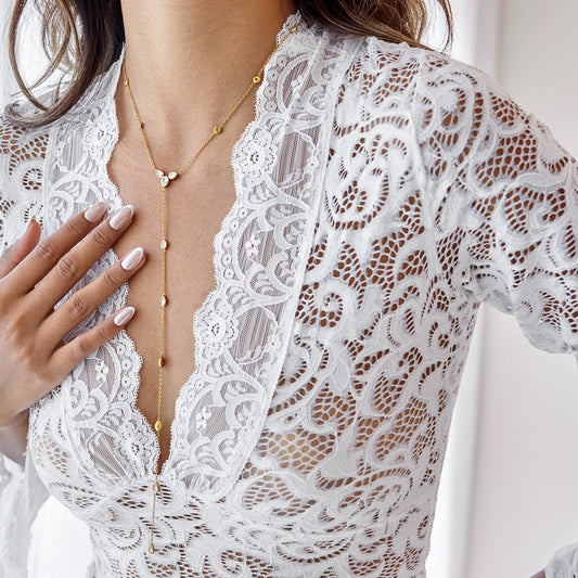 Zircon Y-chain Long Necklace 18K Gold Stainless Steel