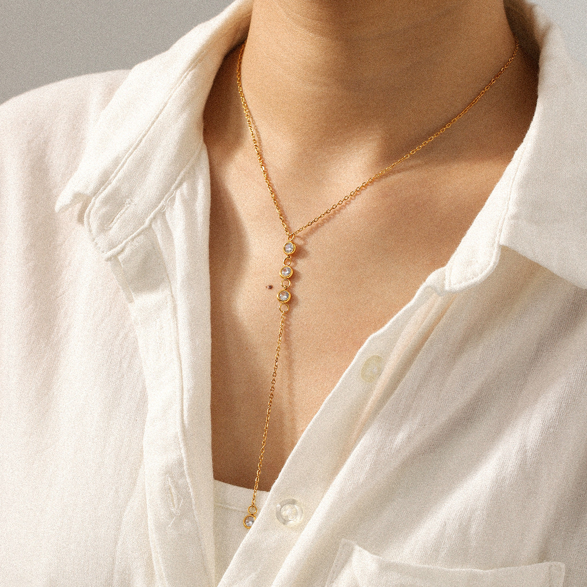 Zircon Long Pendant Necklace 18K Gold Steel