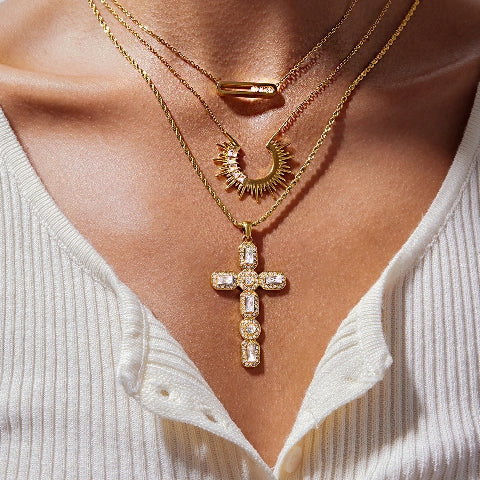 Rhinestone Cross Necklace 18K Gold Plated Steel