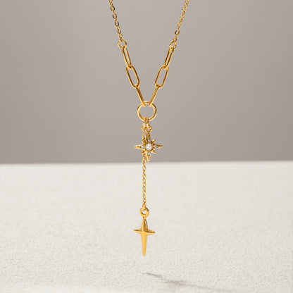 Zircon Inlay Layered Necklace 18K Gold Plated Steel