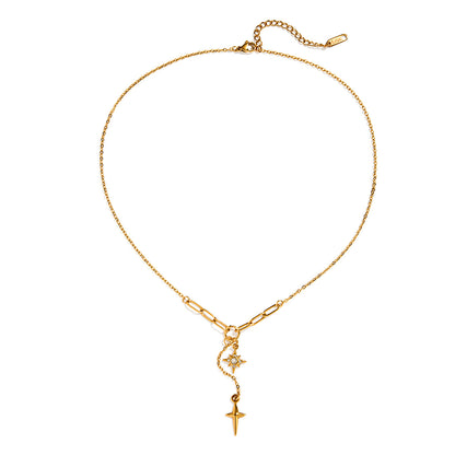 Zircon Inlay Layered Necklace 18K Gold Plated Steel