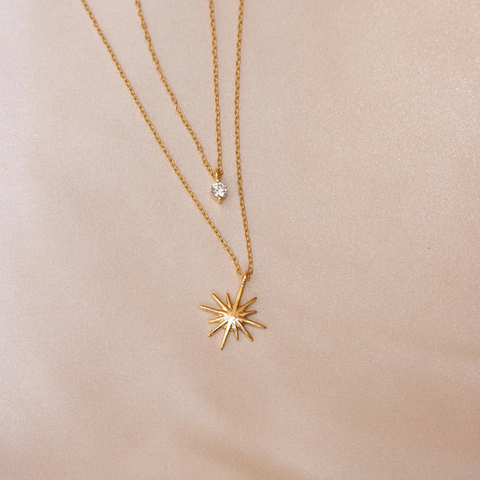 Star Zircon Layered Necklace 18K Gold Plated Steel