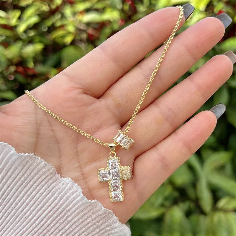 Zircon Cross Necklace 18K Gold Plated Steel