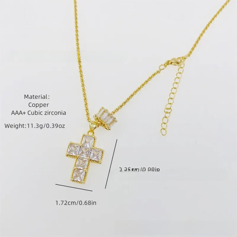 Zircon Cross Necklace 18K Gold Plated Steel