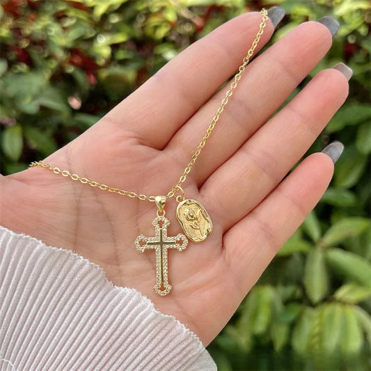 Zircon Cross Rose Necklace 18K Gold Plated Steel